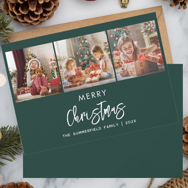 Cartes Pour Fêtes Annuelles Noël Famille 3 Photos Script (Christmas Holidays 3 Photos Collage Script Festive Greetings Card)
