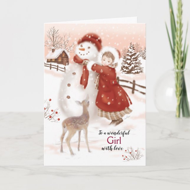 Cartes Pour Fêtes Annuelles Noël, Fille, Cerf, Fille et Snowman (Devant)