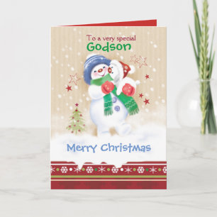Cartes Pour Fêtes Annuelles Noël, filleul. Bonhomme de neige avec le chiot