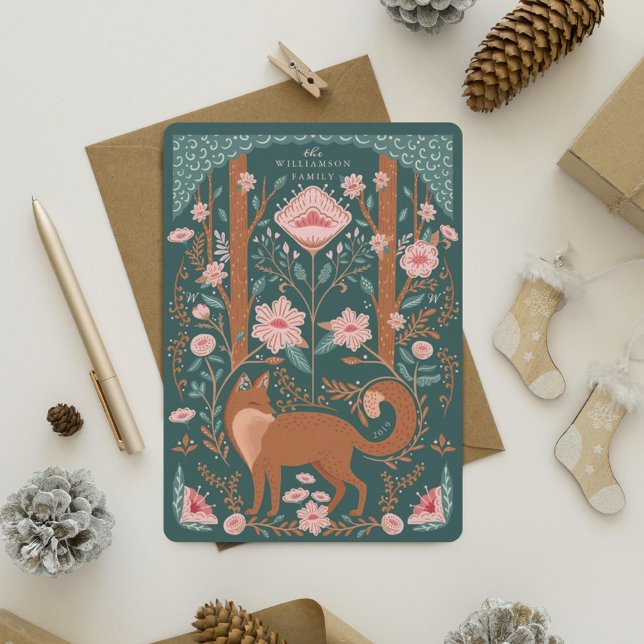 Cartes Pour Fêtes Annuelles Noël Floral Bois Fox Folk Art Green (Christmas Floral Woodland Fox Folk Art Green Holiday Card)