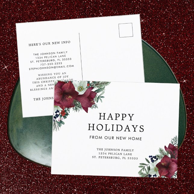 Cartes Pour Fêtes Annuelles Noël Floral Bourgogne Nouveau Accueil (Burgundy Amaryllis Christmas Floral Moving Announcement Postcard)