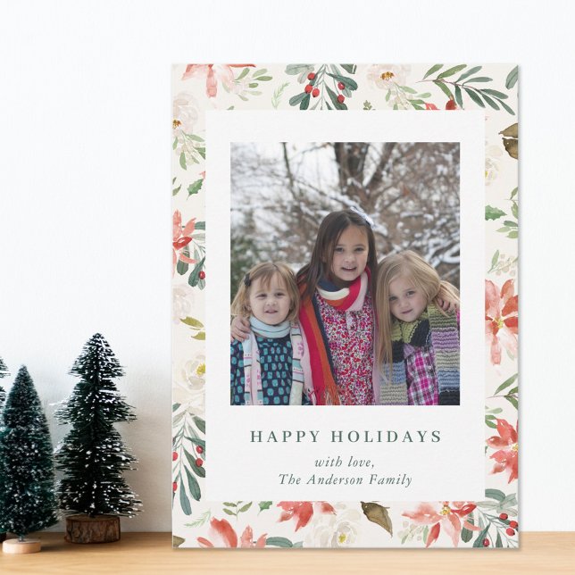Cartes Pour Fêtes Annuelles Noël Floral Joyeux Vacances Famille Photo Beige (Créateur téléchargé)