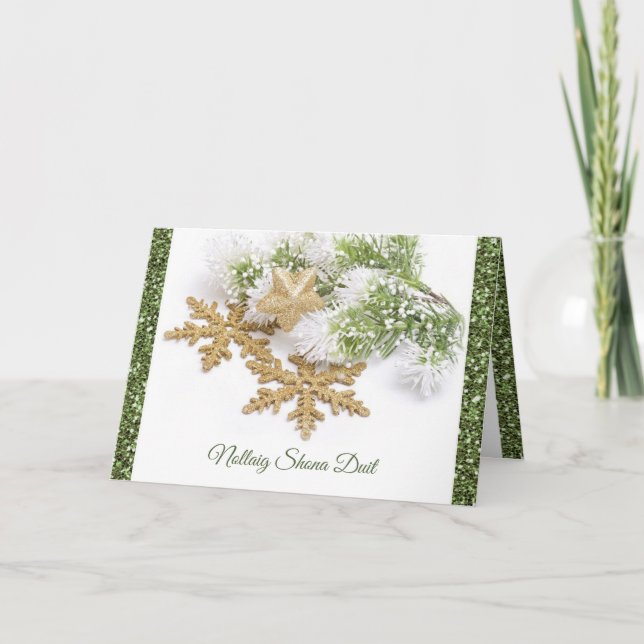 Cartes Pour Fêtes Annuelles Noël gaélique irlandais, flocons d'or, épinette (Devant)