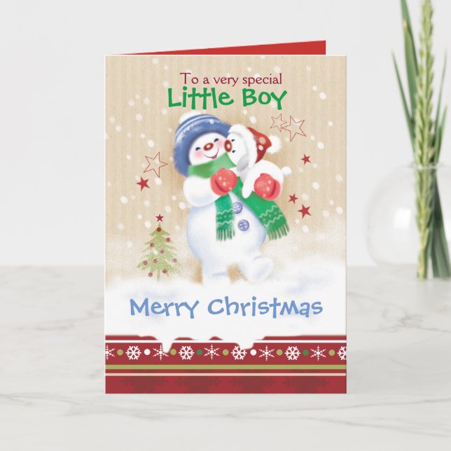 Cartes Pour Fêtes Annuelles Noël, garçon, enfant de neige et chiot, (Devant)