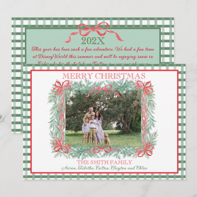 Cartes Pour Fêtes Annuelles Noël Garland Red Ribbon Green En vichy (Devant / Derrière)