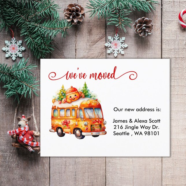 Cartes Pour Fêtes Annuelles Noël Gingerbread Bus Nous avons déménagé (Créateur téléchargé)