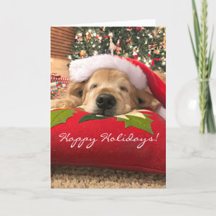 Cartes Pour Fêtes Annuelles Noël Golden Retriever Chien endormi sous arbre