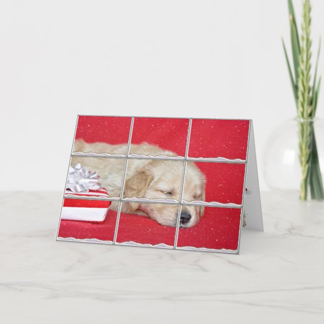 Cartes Pour Fêtes Annuelles Noël Golden Retriever Chiot dans la fenêtre enneig (Devant)