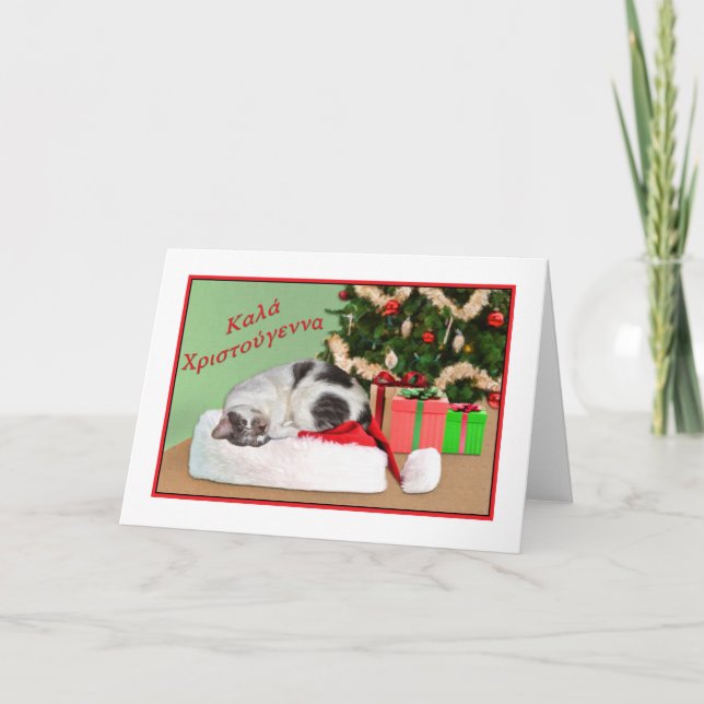 Cartes Pour Fêtes Annuelles Noël, Grec, Chat couché à Santa Hat (Devant)