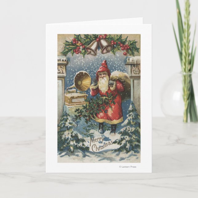 Cartes Pour Fêtes Annuelles Noël GreetingSanta et tourne-disque (Devant)