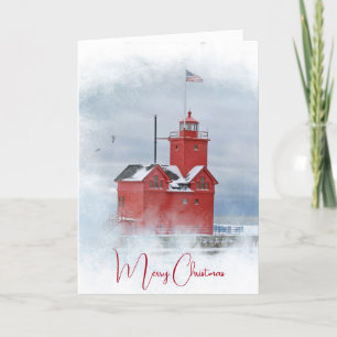 Cartes Pour Fêtes Annuelles Noël Gros Rouge Phare Du Michigan En Hiver
