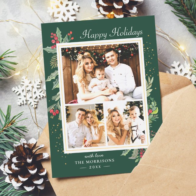 Cartes Pour Fêtes Annuelles Noël Holly Berries Classic Red Green 3 Photo (Example)