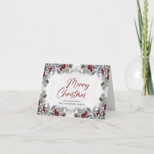Cartes Pour Fêtes Annuelles Noël Holly Berry Pine Cones Salutation rustique (Devant)