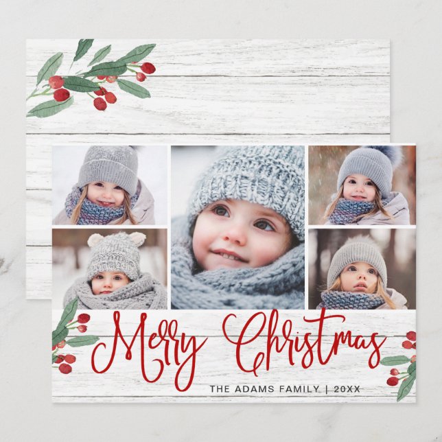 Cartes Pour Fêtes Annuelles Noël Holly Berry Rustic 5 PHOTO Salutation (Devant / Derrière)