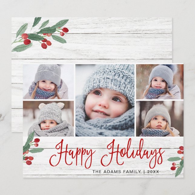 Cartes Pour Fêtes Annuelles Noël Holly Berry Rustic 5 PHOTO Salutation (Devant / Derrière)