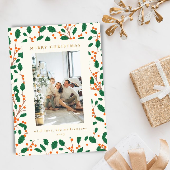 Cartes Pour Fêtes Annuelles Noël Holly Greenery Deux Photos Verticales Rétro (Créateur téléchargé)
