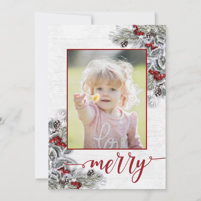Cartes Pour Fêtes Annuelles Noël Holly Pine Rustic Photo Grey (Devant)