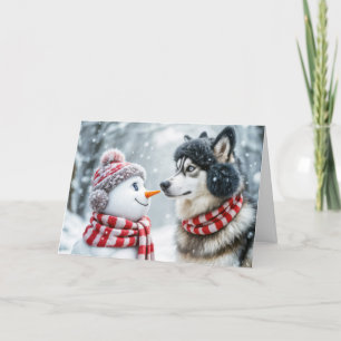 Cartes Pour Fêtes Annuelles Noël Husky Chien et Snowman Amis