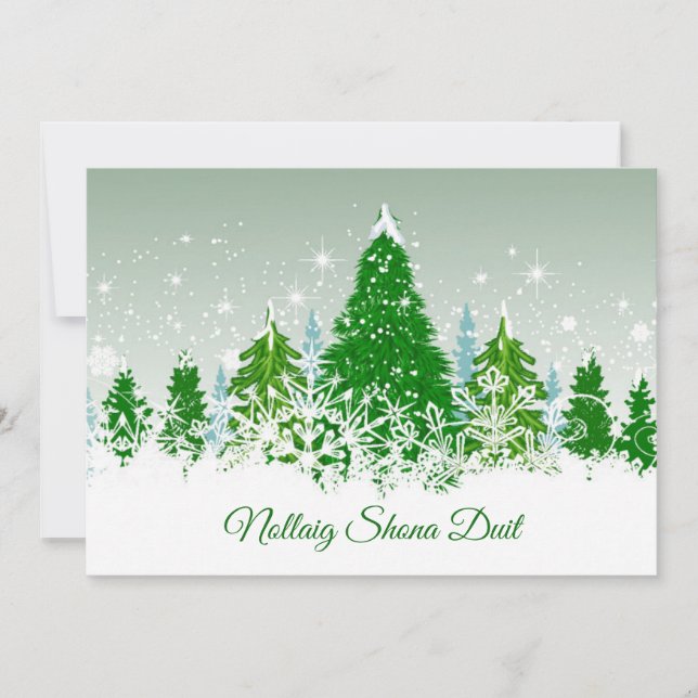Cartes Pour Fêtes Annuelles Noël irlandais, sapins verts enneigés (Devant)