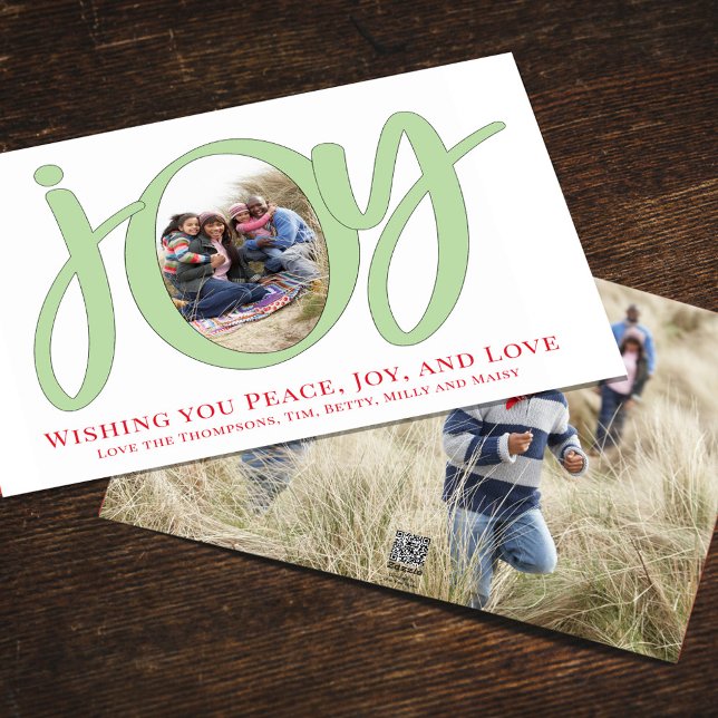 Cartes Pour Fêtes Annuelles Noël Joie Typographie Simple Deux photos (Christmas holiday "Joy" typography cute calligraphy script photo card. )