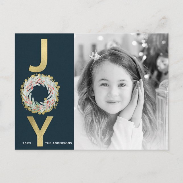 Cartes Pour Fêtes Annuelles NOËL JOIE Wreath Gold Foil Photo moderne (Devant)