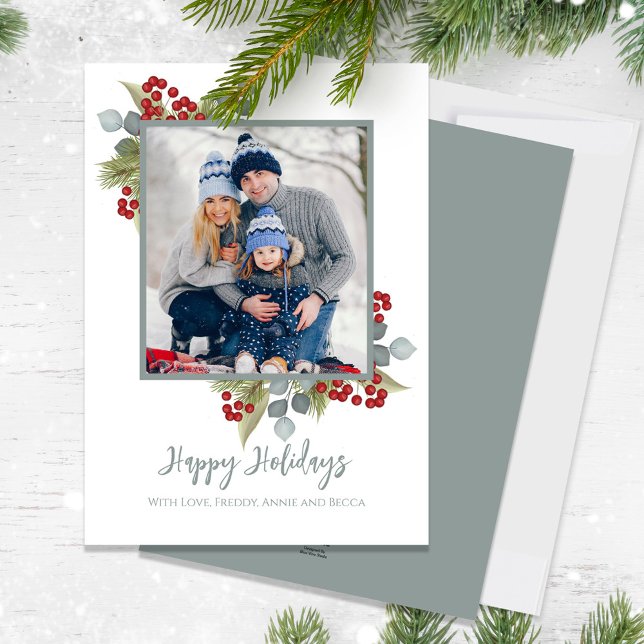 Cartes Pour Fêtes Annuelles Noël Joyeuses Fêtes Élégant Red Holly Berries (Happy Holidays cute calligraphy script eucalyptus greenery photo greeting card)