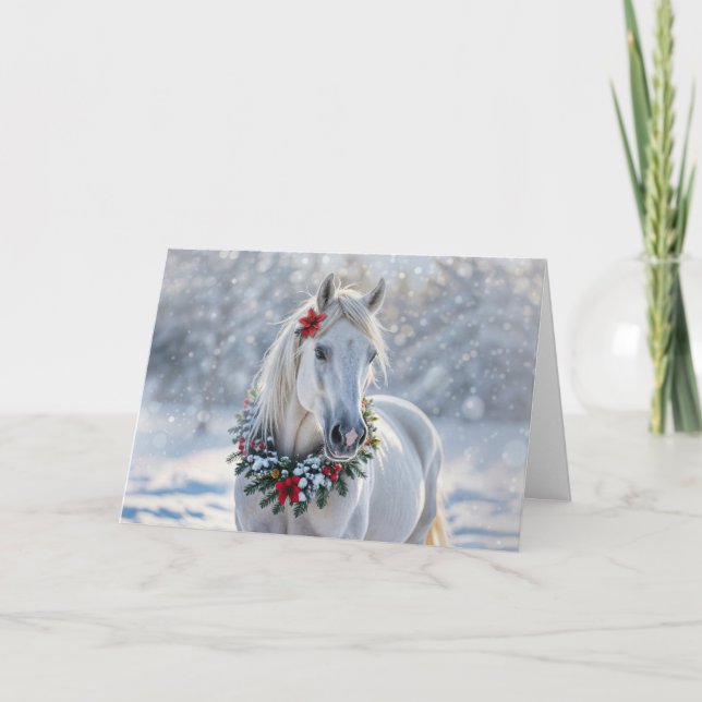 Cartes Pour Fêtes Annuelles Noël Joyeuses vacances Beau Cheval Blanc (Devant)