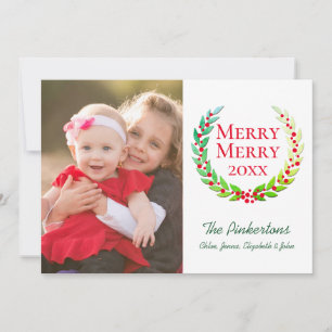 Cartes Pour Fêtes Annuelles Noël Joyeux Merry Laurel Wreath Family Photo