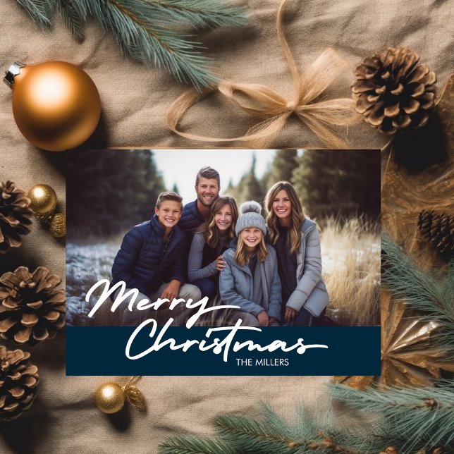 Cartes Pour Fêtes Annuelles Noël le plus moderne 1 Photo Navy Plaid (Modern Merriest Christmas 1 Photo Navy Plaid Holiday Card)
