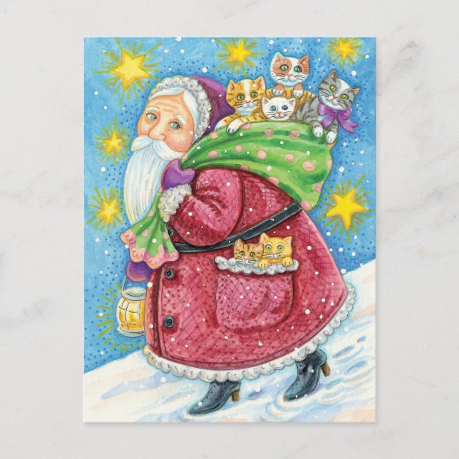 Cartes Pour Fêtes Annuelles Noël mignon, Père Noël avec chatons et chats ! (Devant)
