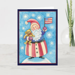 Cartes Pour Fêtes Annuelles Noël mignon, Père Noël patriotique avec drapeau