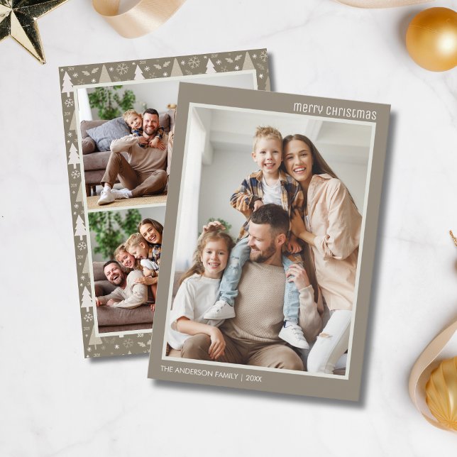 Cartes Pour Fêtes Annuelles Noël Moderne 4 Famille Photo Collage Taupe (Christmas Modern 4 Family Photo Collage Taupe Holiday Card)