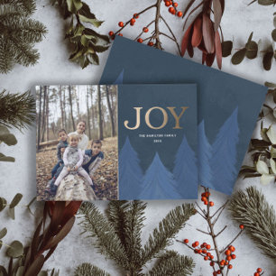 Cartes Pour Fêtes Annuelles Noël moderne Joy Or & Bleus Arbres