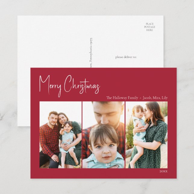 Cartes Pour Fêtes Annuelles Noël moderne | Rouge à trois photos (Devant / Derrière)