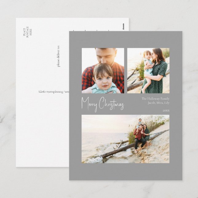 Cartes Pour Fêtes Annuelles Noël moderne | Trois photos centrées sur l'argent (Devant / Derrière)