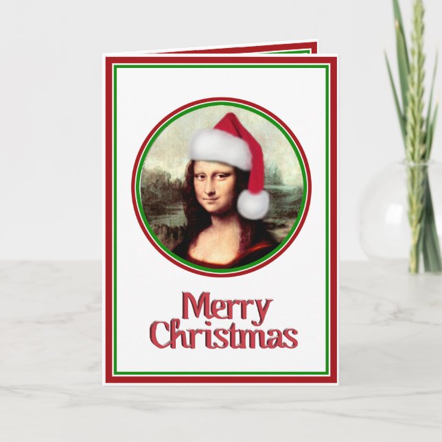 Cartes Pour Fêtes Annuelles Noël Mona Lisa avec chapeau de Santa (Devant)
