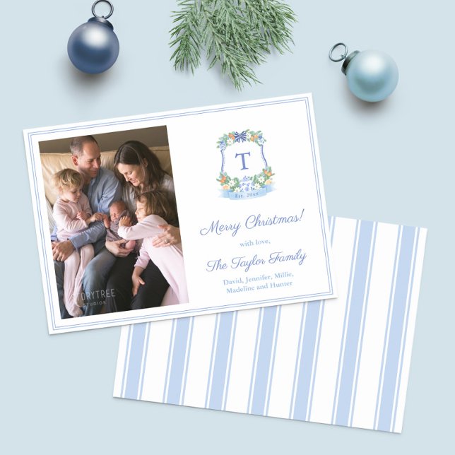 Cartes Pour Fêtes Annuelles Noël Monogramme Peint À La Main Et Bleu (Watercolor Citrus Monogram photo Christmas Cards with blue and white stripe backer)