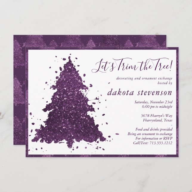 Cartes Pour Fêtes Annuelles Noël Moody | Deep Plum Purple Tree Trim Party (Devant / Derrière)