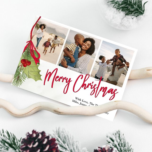 Cartes Pour Fêtes Annuelles Noël Multi Photo Winter Greenery Holly (Merry Christmas holiday photo card with a calligraphy script and Holly Greenery design. )