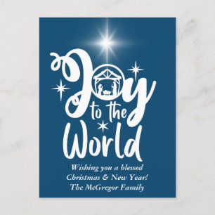 Cartes Pour Fêtes Annuelles Noël Nativité Joie au monde Bleu & Blanc