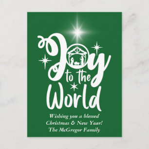 Cartes Pour Fêtes Annuelles Noël Nativité Joie au monde Vert & Blanc