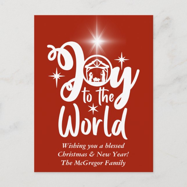 Cartes Pour Fêtes Annuelles Noël Nativité Joy au monde Rouge & Blanc (Devant)