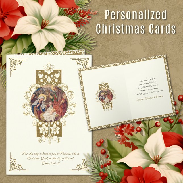 Cartes Pour Fêtes Annuelles Noël Nativité religieuse Jésus Marie Joseph (Personalized Religious Vintage Christmas Cards with Scripture and Holy Family)
