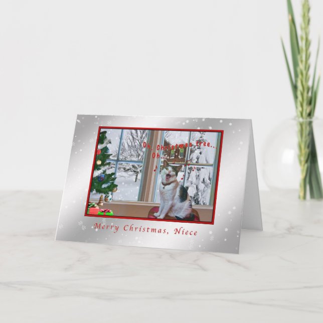 Cartes Pour Fêtes Annuelles Noël, nièce, chat de chant, neige (Devant)