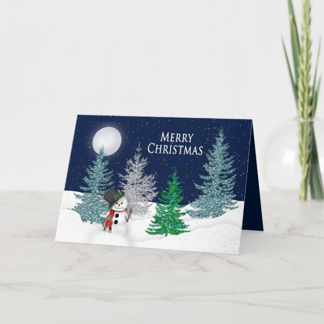 Cartes Pour Fêtes Annuelles Noël - - Night Snow Scene & Snowman (Devant)