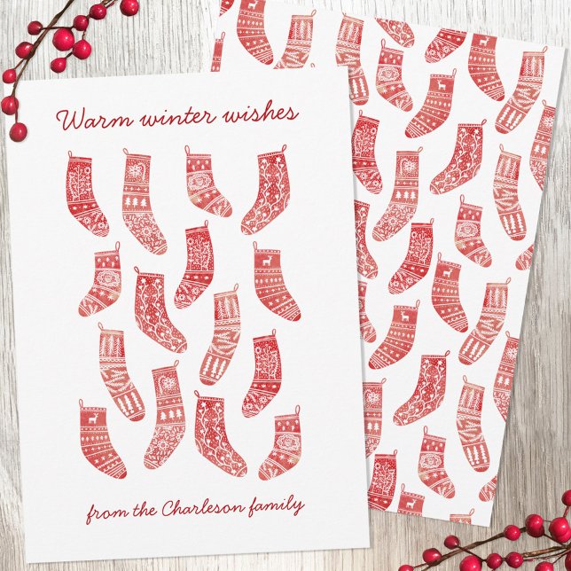 Cartes Pour Fêtes Annuelles Noël nordique (Nordic Scandinavian red and white Christmas stockings holiday card)