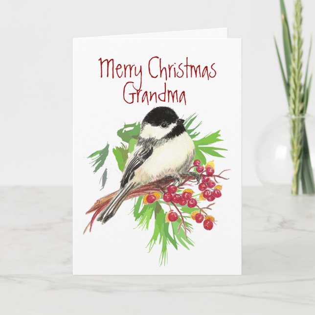 Cartes Pour Fêtes Annuelles Noël, oiseau de Grand-maman-Chickadee, nature, (Devant)