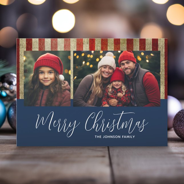 Cartes Pour Fêtes Annuelles Noël patriotique 2 photo collage USA Drapeau (Red White and Blue - Stars and Stripes Christmas Photo Card)