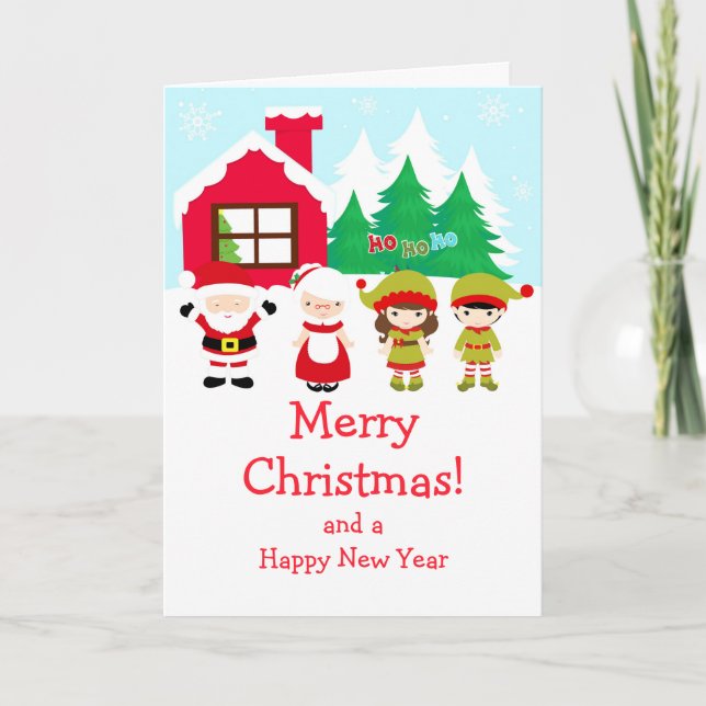 Cartes Pour Fêtes Annuelles Noël Père Noël, Femme et Elfes Joyeux Noël (Devant)