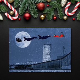 Cartes Pour Fêtes Annuelles Noël père Noël, Sleigh, F-16 Jets et Red Biplane